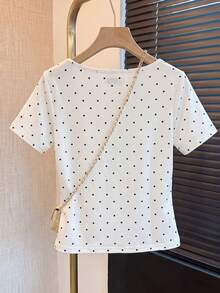 Elenzga Plus Size Women's Woven Regular Fit French 1950s Vintage Minimalist Round Neck Short Sleeve Cinched Waist White Polka Dot Pearl Button Blouse Summer - Beige - View 2