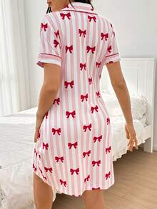 Moonlight&Mama Vertical Striped All-Over Print Bow Contrast Color Pink Trim Lapel Front Button Loose Maternity Short Sleeve Loungewear Nightgown - Pink - View 2