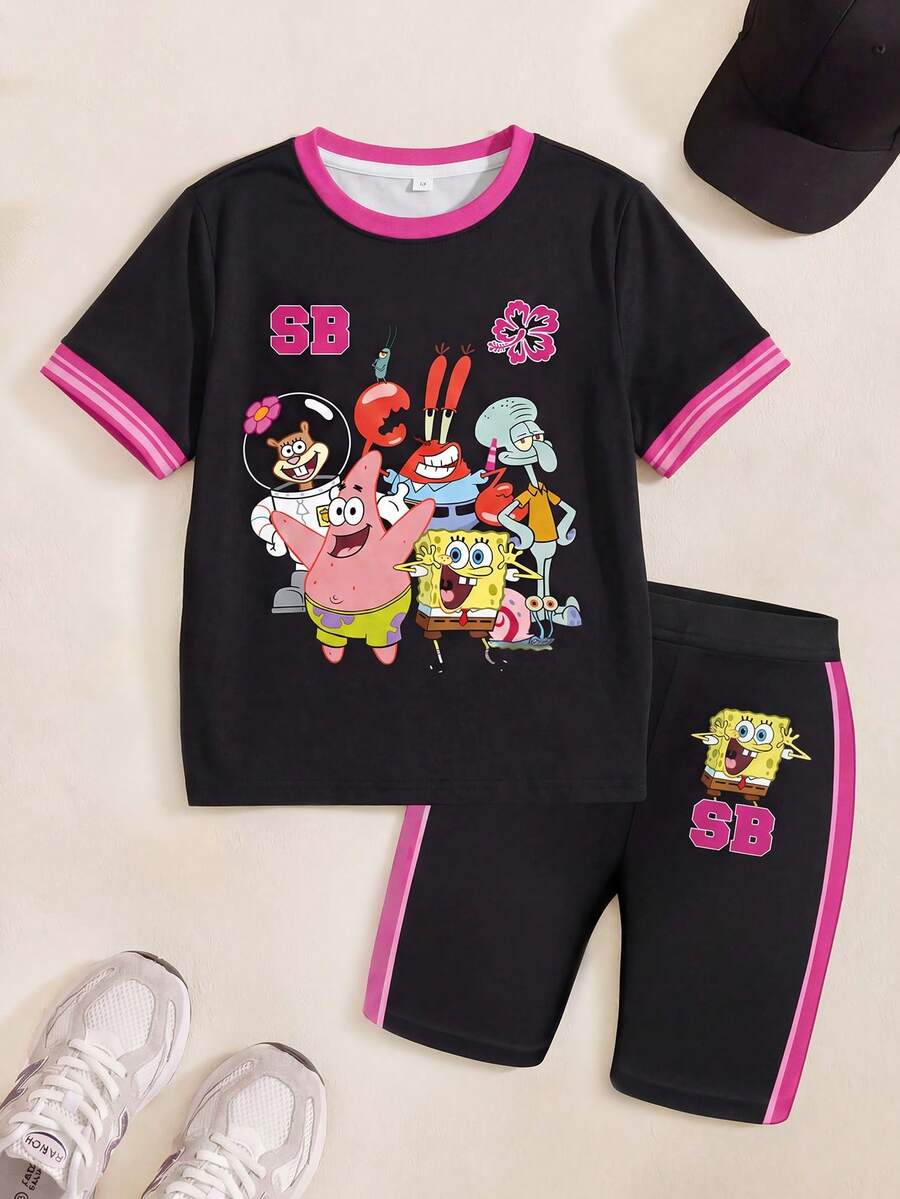 SpongeBob SquarePants | SHEIN 小女孩卡通印花短袖T恤和短裤套装 - 白色 - 查看 1