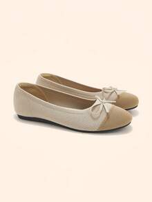 CUCCOO BASICS Women's Round Toe Flat Sole Shoes Knitted Breathable Toe Bow Low Vamp Shoes Gentle And Simple Style Commuting Slouchy Versatile Fashion Shoes - Beige - View 1