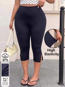 Muchica Plus Size Casual Versatile Solid Color Leggings - Navy Blue - View 4