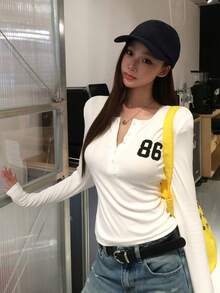 DAZY Women's Round Neck Letter Korean Style Solid Color Long Sleeve Spring Summer T-Shirt - White - View 9