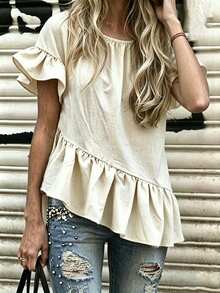 EMERY ROSE Apricot Casual Solid Color Ruffle Hem Blouse For Middle-Aged, Spring/Summer - Apricot - View 6