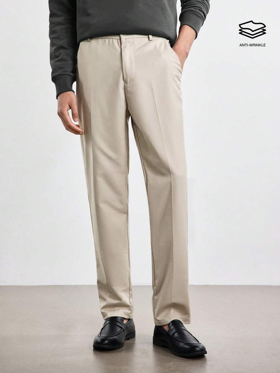 Merionis Men's Anti-Wrinkle And Easy To Care For Fashion Versatile Casual Commute Airport Graduation Office Work Solid Color Suit Pants Teachers' Day Khaki