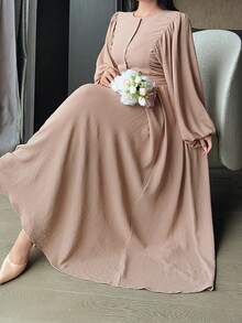Dazy Plus Elegant Solid Color Round Neck Ruched Waist Lantern Sleeve Khaki Mid-Length Dress, Spring Summer Autumn New - Khaki - View 1