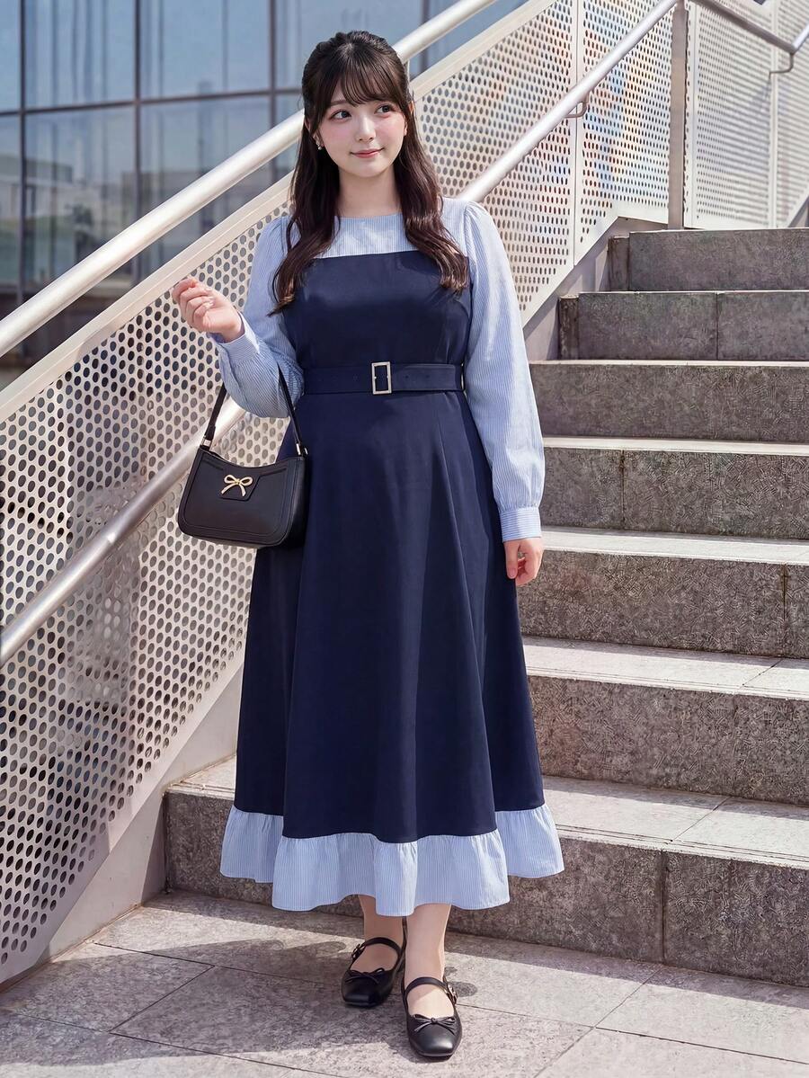 Bijouette 大尺碼休閒日系條紋拼接二合一洋裝,日系甜美風,外出洋裝,生日洋裝,秋季日常穿著 - 藍色 - 查看 1