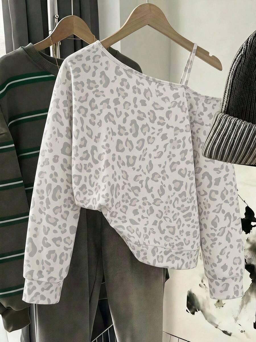 SHEIN 青少年女孩淺灰色豹紋不對稱肩帶長袖運動衫 秋季 - 淺灰色 - 查看 1