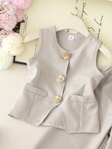 Souflis Young Girls Set, Boho, Trousers, Autumn, Fall, Fall Clothes, Fall Tops, Back To School, Babydoll Tops, Brown Top - Khaki - View 4