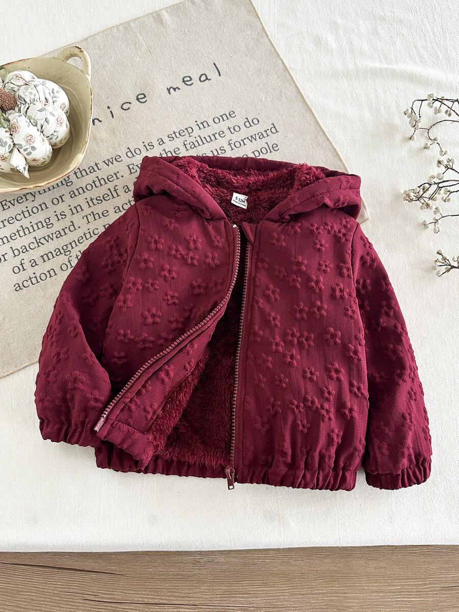 SHEIN Baby Girl Long Sleeve Comfortable Fuzzy Winter Hooded Jacket, Versatile Fashionable Zipper Front Cardigan, Suitable For Indoor And Outdoor Activities - Burgundy - View 1
