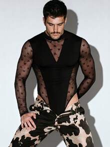 DSELFIQUE Men's Fashion Sexy Jacquard Sheer Long Sleeve Jumpsuit - Black - View 1