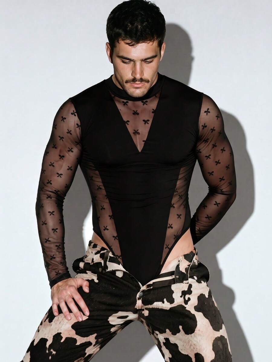 DSELFIQUE Men's Fashion Sexy Jacquard Sheer Long Sleeve Jumpsuit - Black - View 1