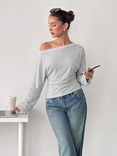 Siren Gaze Women's Long-Sleeve Striped T-Shirt With Off-Shoulder Lace Detailing; Korean-Style, Casual, And Slimming; Versatile Vacation Look-Perfect For Autumn