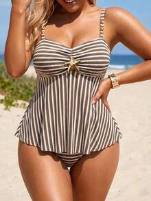 Swim Lushoire 2026 New Metal Decor Ruched Front Tummy Control Plus Size Spaghetti Strap Beach Swimsuit For Women - Multicolor - View 1