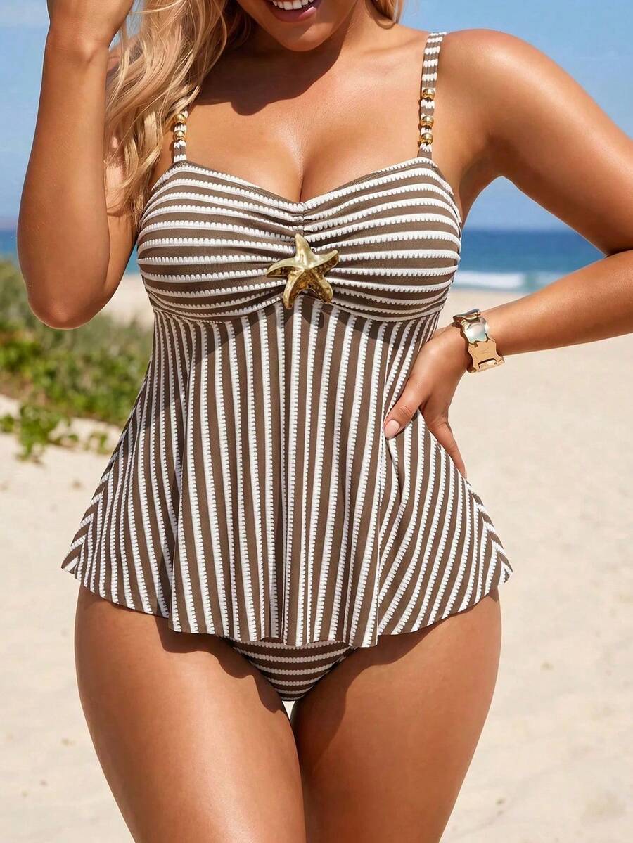 Swim Lushoire 2026 New Metal Decor Ruched Front Tummy Control Plus Size Spaghetti Strap Beach Swimsuit For Women - Multicolor - View 1