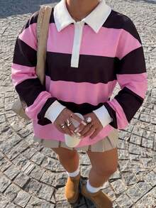 Muchica Plus Size Casual Flapper 1920s Colorblock Striped T-Shirt, Summer/ Back-To-School Vacation Pink Fall - Multicolor - View 3
