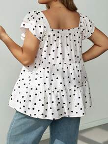 SHEIN CURVE+ Plus Size French Polka Dot Print Square Neck Ruffle Hem Blouse Vacation, Fall Winter 2026 22W - Black - View 2