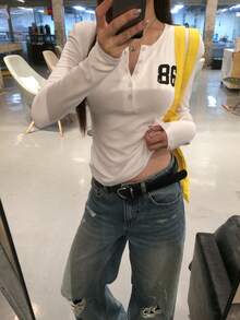 DAZY Women's Round Neck Letter Korean Style Solid Color Long Sleeve Spring Summer T-Shirt - White - View 4