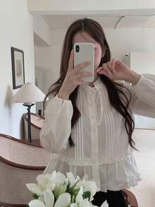 DAZY 女款韓式長袖純色荷葉邊飾襯衫 - 白色 - 查看 7