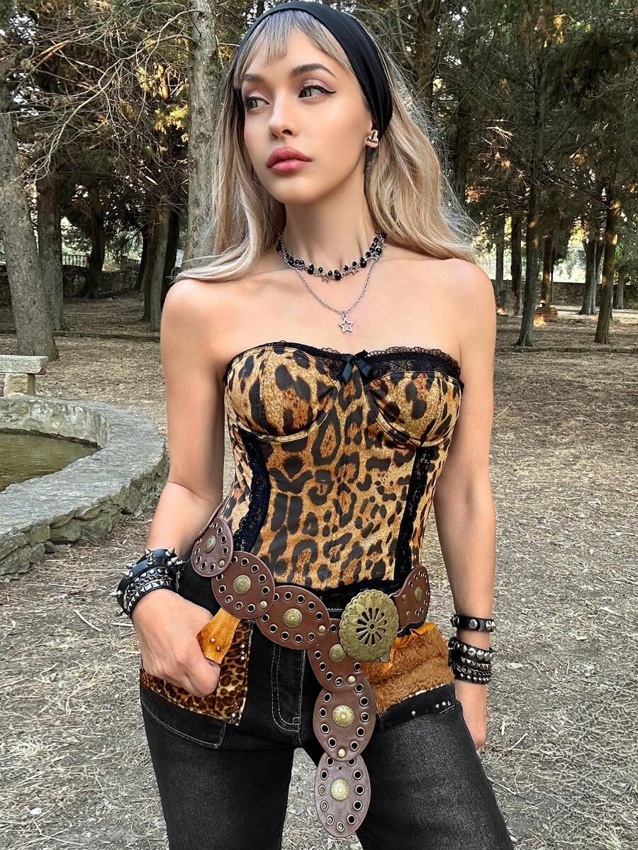 J-Fashion ROMWE X Lorella 女款夏季 Y2K 性感對比蕾絲豹紋抹胸上衣，女士優雅不對稱對比蕾絲抹胸修身配色上衣，萬聖節豹紋紋理女裝，春夏派對/夜店穿搭 - 彩色 - 查看 1