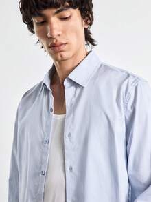 VeloEdit Men's Cotton Casual Modest Versatile Solid Color Long Sleeve Turn-Down Collar Shirt Teachers' Day Graduation Office Vacation Workout Light Blue Summer - Light Grey - View 9
