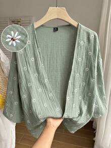 Comfortcana Plus Size Women's Floral Embroidered Pattern Casual Daily Long Sleeve Cardigan - Green - View 5