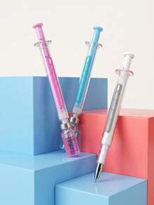 Zazumi 1pc/2pcs/3pcs Novelty Syringe Design Writing Pens, Clear Plastic With Colored Decor Parts, Vaccine Bottle Motif 0.5mm Fine Point Pen For Daily Planner Draft Work, Gift For Desk Organizers Festival Gift - multicolor - View 4