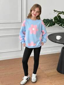 SHEIN Tween女孩休閒圓領長袖秋季衛衣套裝 - 藍色 - 查看 6