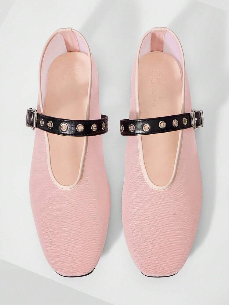 MOTF PREMIUM Zapatos planos sin cordones con punta cuadrada y diseño calado láser para mujer - Rosa negro - Añade 1