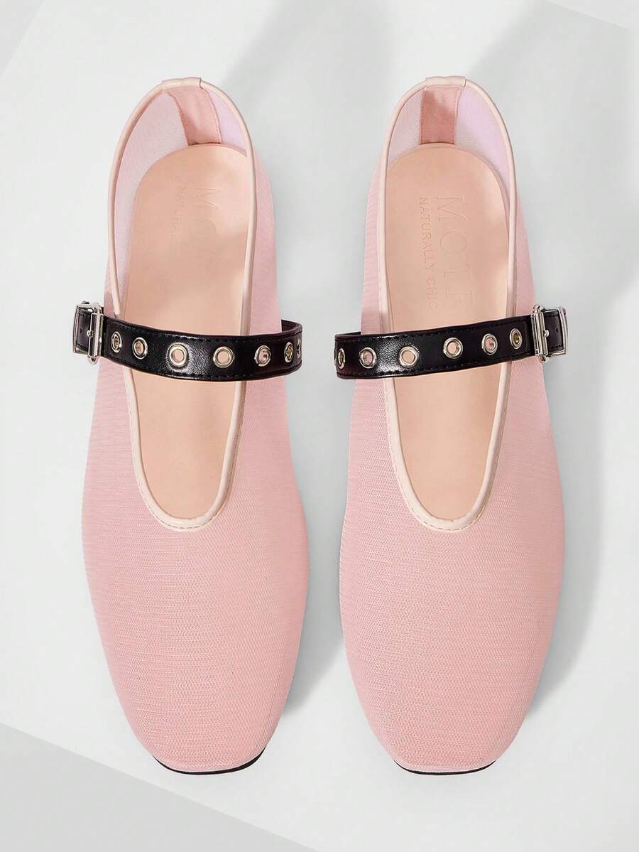 MOTF PREMIUM WOMEN'S LASER HOLLOW SQUARE TOE FLAT SLIP-ON SHOES - Pink black - View 1