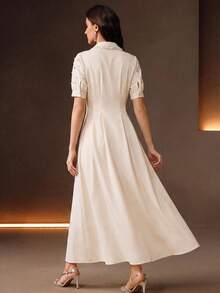 Anewsta Summer New Style Lapel Bead & Rhinestone Decor Waist-Defining Fashion Casual Versatile Shirt Dress - Beige - View 7