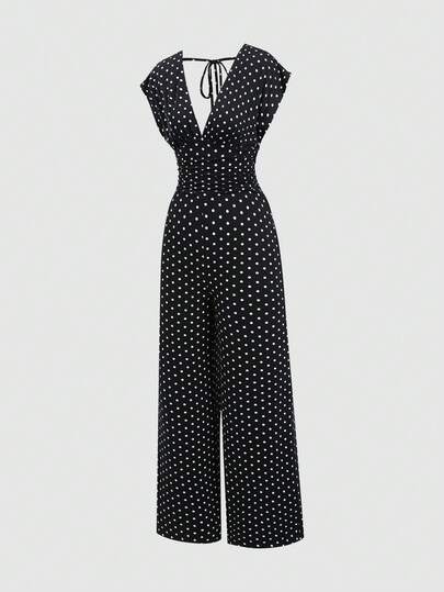 Sweetra New Summer French Style Black Polka Dot Deep V-Neck Tie-Front Sexy Elegant Commute Street Fashion Outfit Shoulder-Strap Short Sleeve Cinched Waist Slimming Women's Jumpsuit
