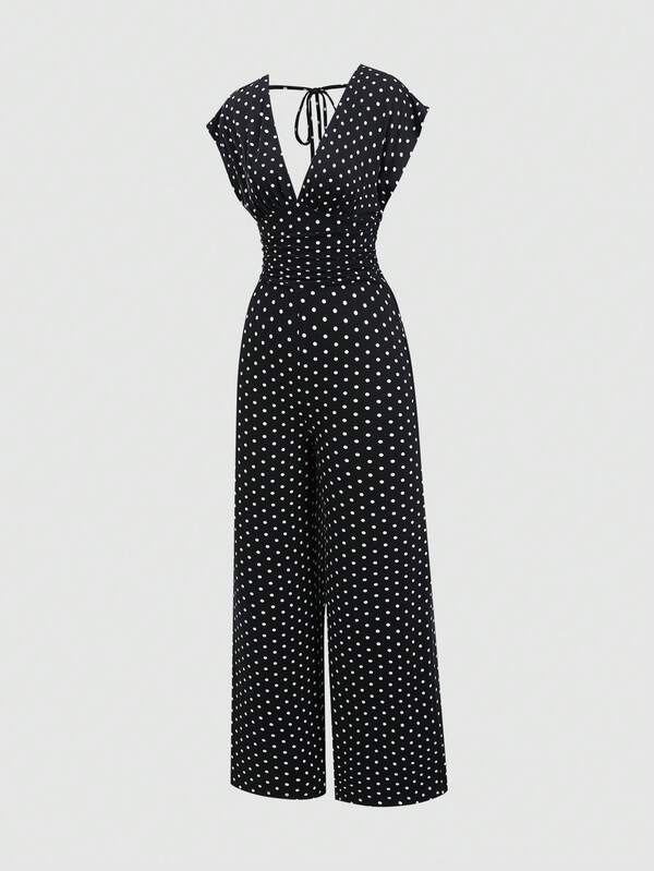 Sweetra New Summer French Style Black Polka Dot Deep V-Neck Tie-Front Sexy Elegant Commute Street Fashion Outfit Shoulder-Strap Short Sleeve Cinched Waist Slimming Women's Jumpsuit