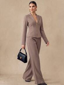 Almamuse Women's Casual Commuting Minimalist Fitted Suit Set - Khaki - View 3