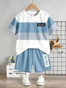 Young Boy Casual Minimalist Letter & Stripe T-Shirt And Shorts Set - Multicolor - View 5