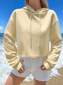 SHEIN EZwear 休閒極簡淡黃色基本款短版連帽寬鬆女款運動衫，舞蹈運動衫，適合春季、夏季、初秋 - 杏色 - 查看 11