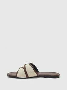 CUCCOO BIZCHIC French Retro Style Linen Splicing Flat Bottom Cool Slippers Metal Buckle Cross Belt Design Soft Bottom Non-Slip Lazy Drag - Brown - View 3