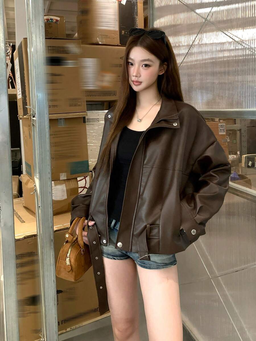 DAZY Women's Casual Long Sleeve Jacket With Turn-Down Collar - Coffee Brown - View 1
