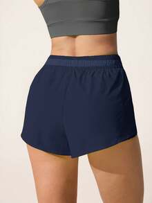 Easithlete Easithlete Casual Versatile Navy Blue Waistband Patchwork Mesh Slimming Storage Pocket Sports Shorts - Navy Blue - View 2