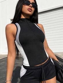 Dewbera Dewbera New High Neck Sports T-Shirt Tank Top With Zipper And Color Block Design Streets Wear - Black and White - View 6