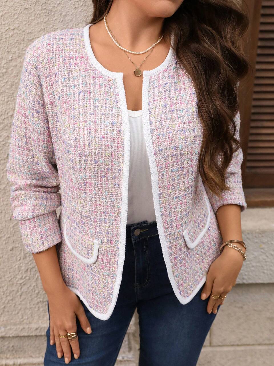 Plus Size Women's Tweed Colorblock Round Neck Long Sleeve Button Jacket Elegant Curve Office Evening Formal Semi Daily Layering Autumn Winter Pink