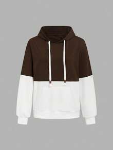 GlowEve Vintage Colorblock Brown & White Hooded Sweatshirt, Loose Casual Slouchy, Drawstring, Large Pockets, Versatile Slimming Pullover Sweatshirt For Women - Multicolor - View 5