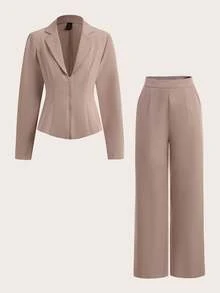 Almamuse Women's Casual Commuting Minimalist Fitted Suit Set - Khaki - View 5