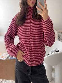 Comfortcana Women's Striped Long Sleeve Zipper Front Casual Lightweight Jacket - Hot Pink - View 8