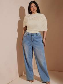 SHEIN BAE CURVE بودي سوت أنيق وجذاب بلون موحد وتصميم غير متماثل، مقاس كبير، رمادي، مناسب للسهرات والحفلات في الصيف - لون مشمشي - مشاهدة 4