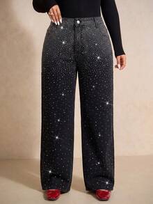Elaquor Plus Size Street Style Hot Girl Rhinestone Button Pocket Loose Denim Jeans Fall Clothes Halloween Sparkly Jeans Shiny Pants Luxury Jeans Black Jeans - Black - View 3