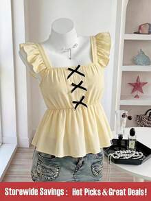 SHEIN 1pc Solid Color Flutter Sleeve Bow Decor Waist Ruffle Hem Blouse, Elegant Basic Cute Commuter Style, Textured Vacation Shirt Tea Party White Summer - Apricot - View 1