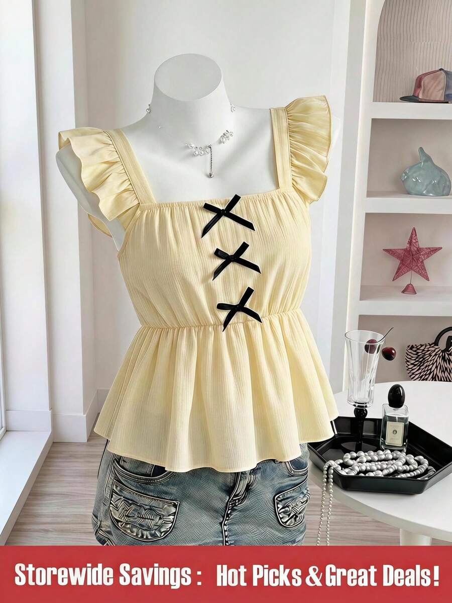 SHEIN 1pc Solid Color Flutter Sleeve Bow Decor Waist Ruffle Hem Blouse, Elegant Basic Cute Commuter Style, Textured Vacation Shirt Tea Party White Summer - Apricot - View 1