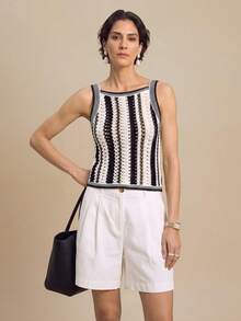 Nima Coro Áo tank top dệt kim nữ phong cách tối giản, phối màu khối kẻ sọc, dễ phối đồ, đa năng, phù hợp đi làm và đi du lịch - màu đen - Xem 10