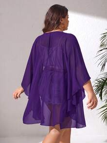 SHEIN CURVE+ Traje de baño básico de talla grande con tela de malla transparente de unicolor - Morado - Ver 2