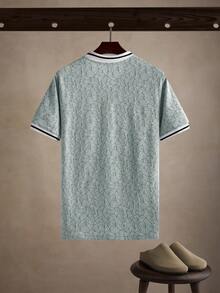 Manfinity Homme Men's Blue Geometric Textured V-Neck Contrast Trim Polo Shirt - Green - View 2